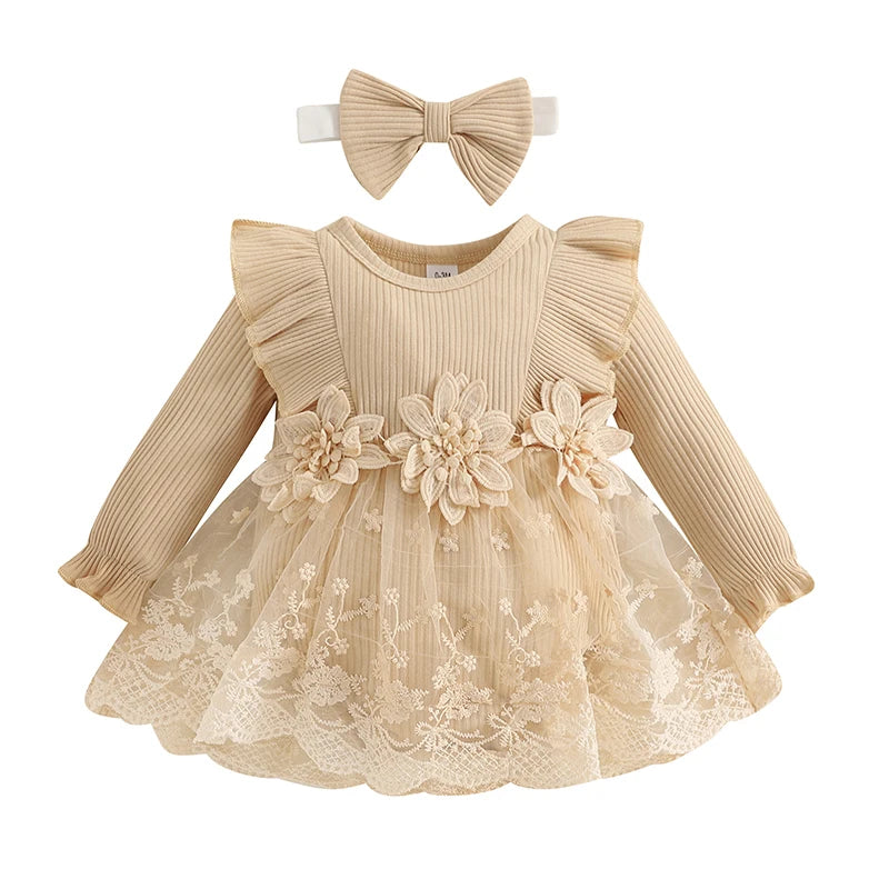 Toddler Girls Floral Lace Romper Dress with Ruffled Sleeves and Bow Headband Set for Special Occasions and Photoshoots