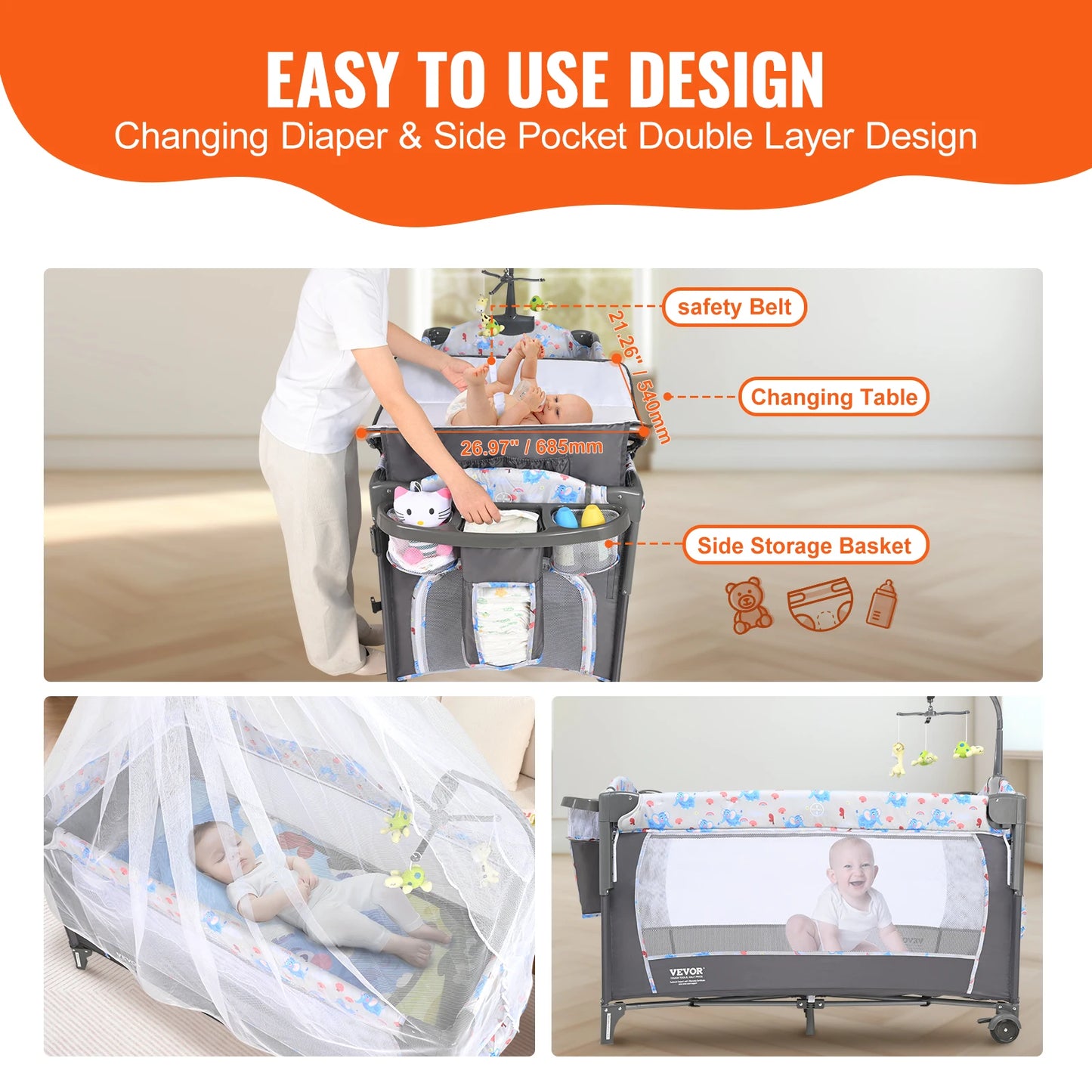 SucceBuy Baby Bassinet 77 pounds Load Capacity Easy to Fold Portable Baby Bassinet Bedside Sleeper with Storage Basket & Wheels