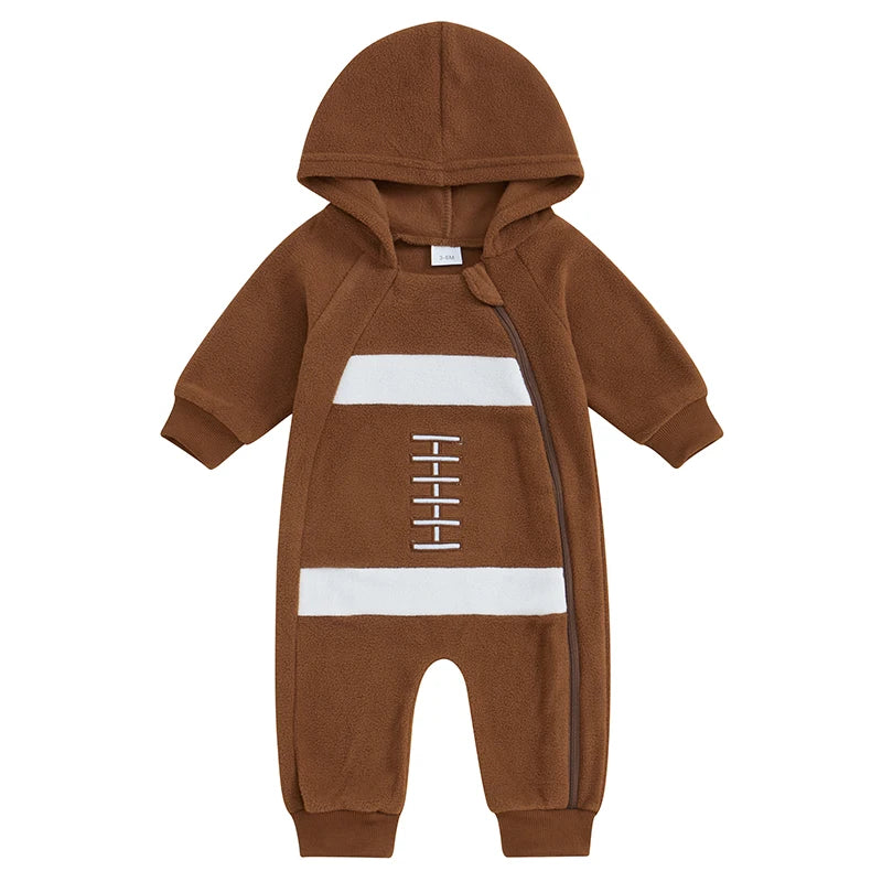 Infant Boy Soccer Playsuit Cozy Fleece Hooded Jumpsuit with Long Sleeves for Autumn Winter Season