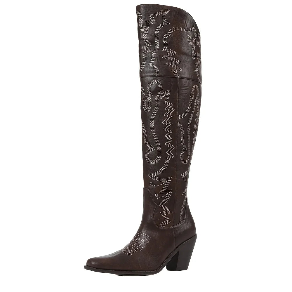 Vintage Western Cowboy Boots For Womens Fashion Embroidered Pointed Toe Chunky High Heels Party Date Thigh High Cowgirl Boots