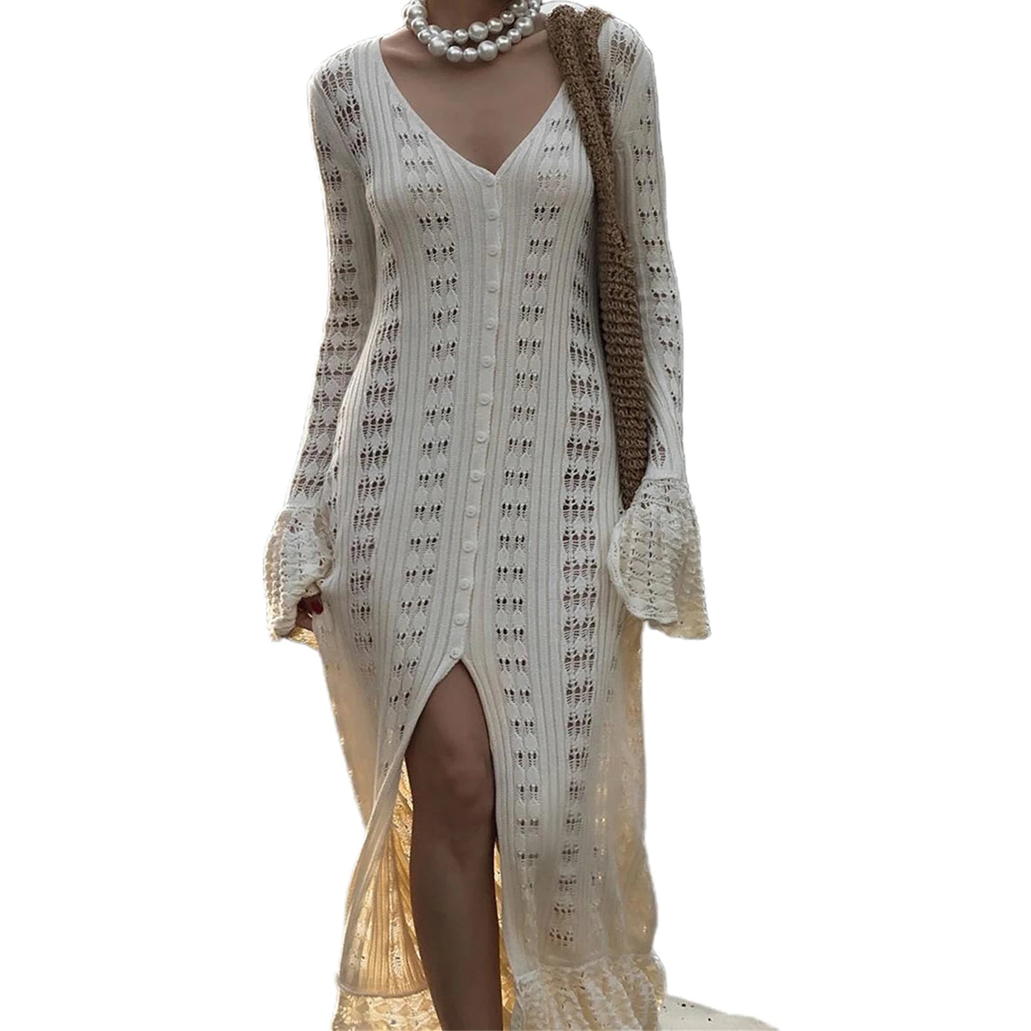 Ladies Long Sleeve Knit Cardigan with Button Closure and Hollowed Design Solid Color Fall Jacket for Everyday Wear on the