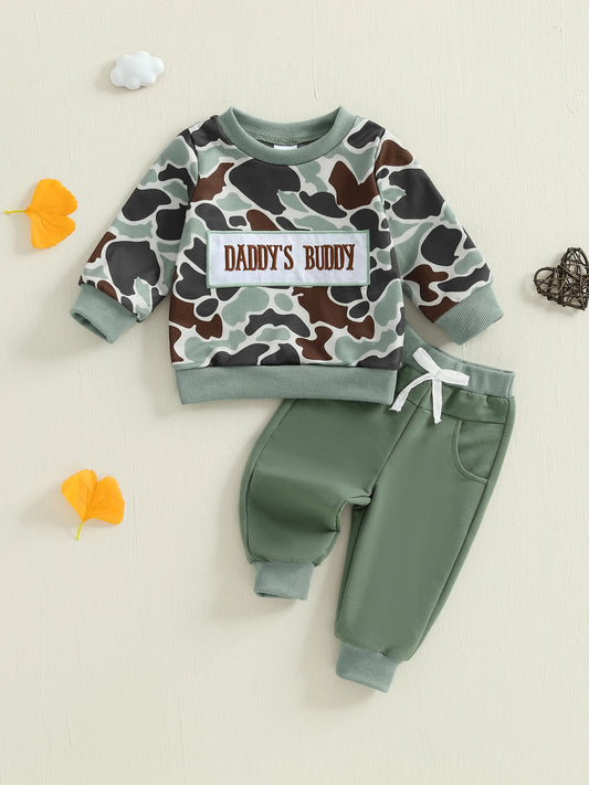 Infant Boys Autumn Ensemble Featuring Embroidered Alphabet Design Camo Print Top Bow-Accented Trousers with Pockets - 2 Piece