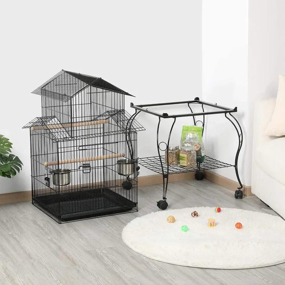 Cage 55-inch Rolling Standing Triple Roof Medium Parrot Cage Pet Bird Cage with Detachable Stand for Cockatiels