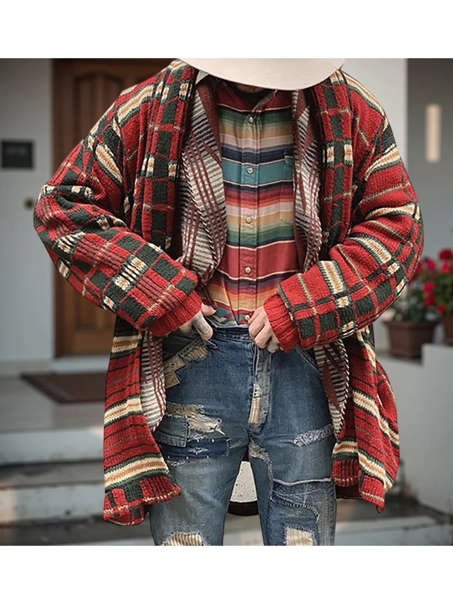 Women s Cozy Oversized Knit Cardigan Sweater with Pockets Long Sleeve Open Front Plaid Print Warm Winter Knitwear