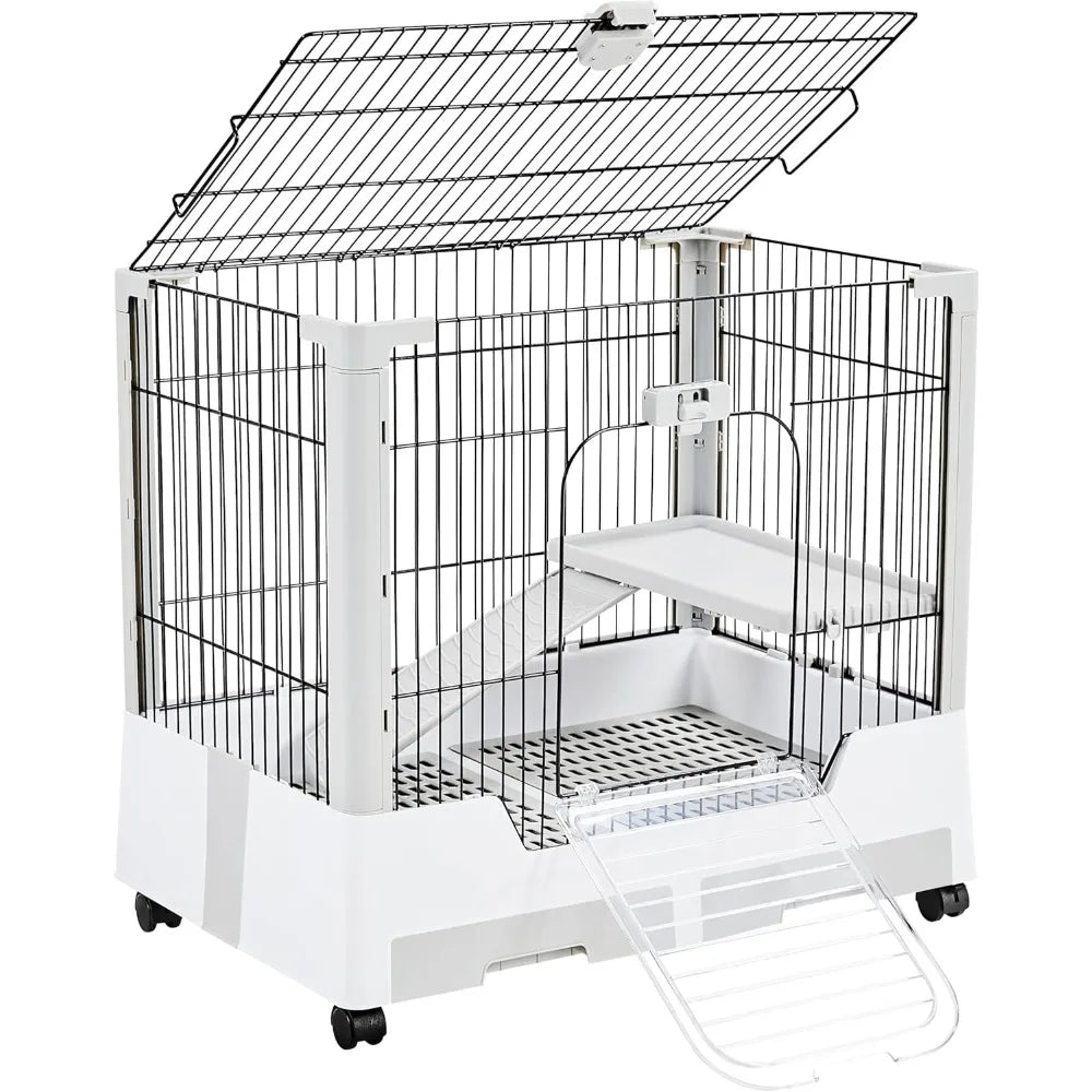 30'' Small Animal Cage 2-Level Open Top Rabbit Cage on Wheels with Pull-Out Tray for Guinea Pig, Ferret, Chinchilla, Kitten, Bu