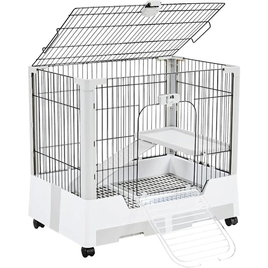 30'' Small Animal Cage 2-Level Open Top Rabbit Cage on Wheels with Pull-Out Tray for Guinea Pig, Ferret, Chinchilla, Kitten, Bu