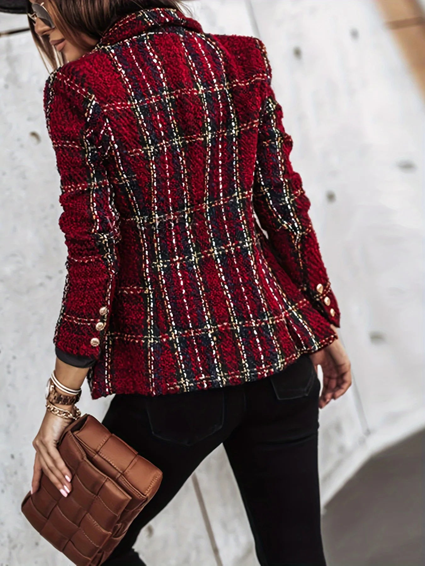 New autumn and winter casual two-color tweed plaid women's office urban business commuting Christmas holiday women's jacket suit