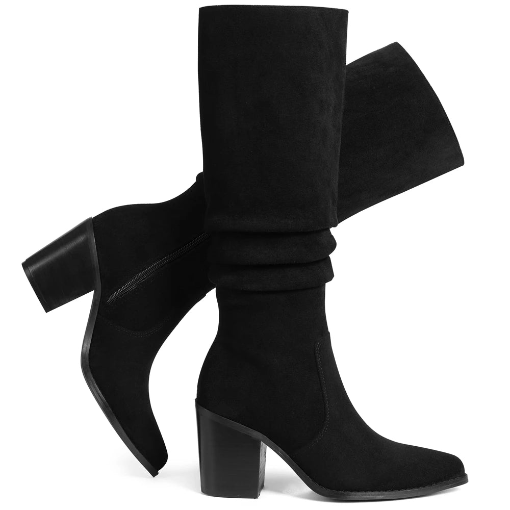 Elegant Women Knee High Boots Faux Flock Pointed Toe Chunky High Heeled Pleated Side Zipper Comfort Daily Wear Long Booties For