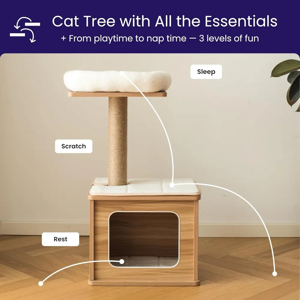 29.7" Tall 3 Level Laminated Wood Cat Tree with Large Base Condo, 2 Paded Steps, Natural Jute Scratching Post, Sturdy