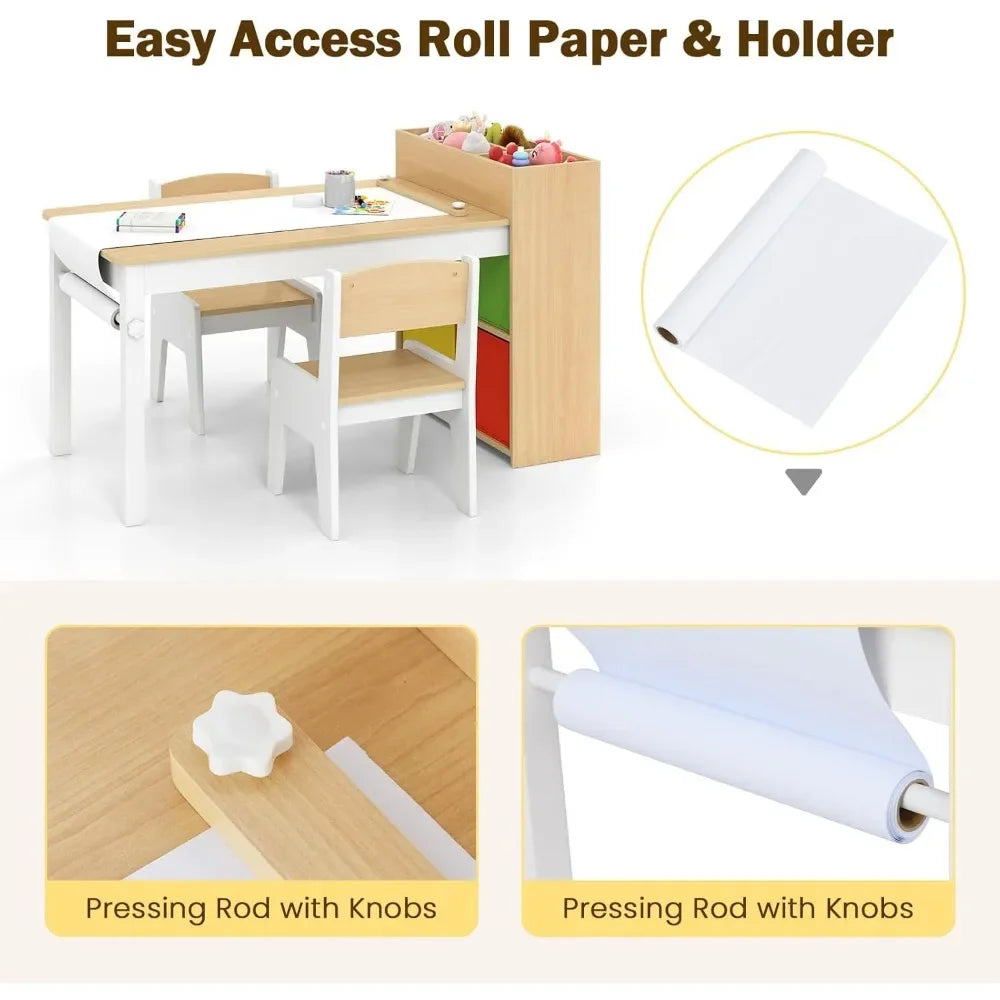 Kids Table and Chair Set, Toddler Art Craft Play Wood Activity Desk with 2 Chairs 4 Storage Canvas Bins Paper Roll