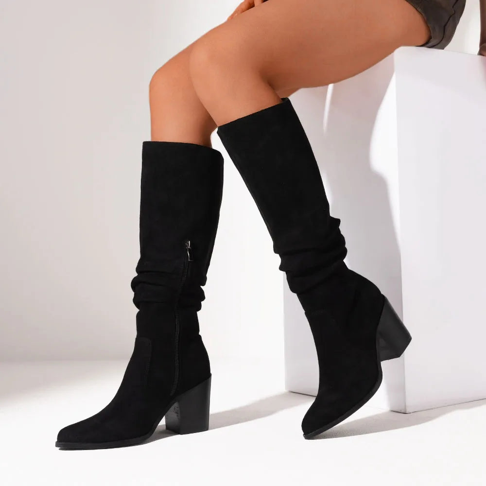 Elegant Women Knee High Boots Faux Flock Pointed Toe Chunky High Heeled Pleated Side Zipper Comfort Daily Wear Long Booties For