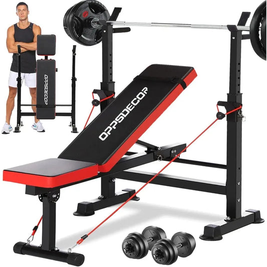 OPPSDECOR 6 in 1 660lbs Weight Bench with Leg Extension and Leg Curl, Foldable Bench Press Set and Squat Barbell Rack