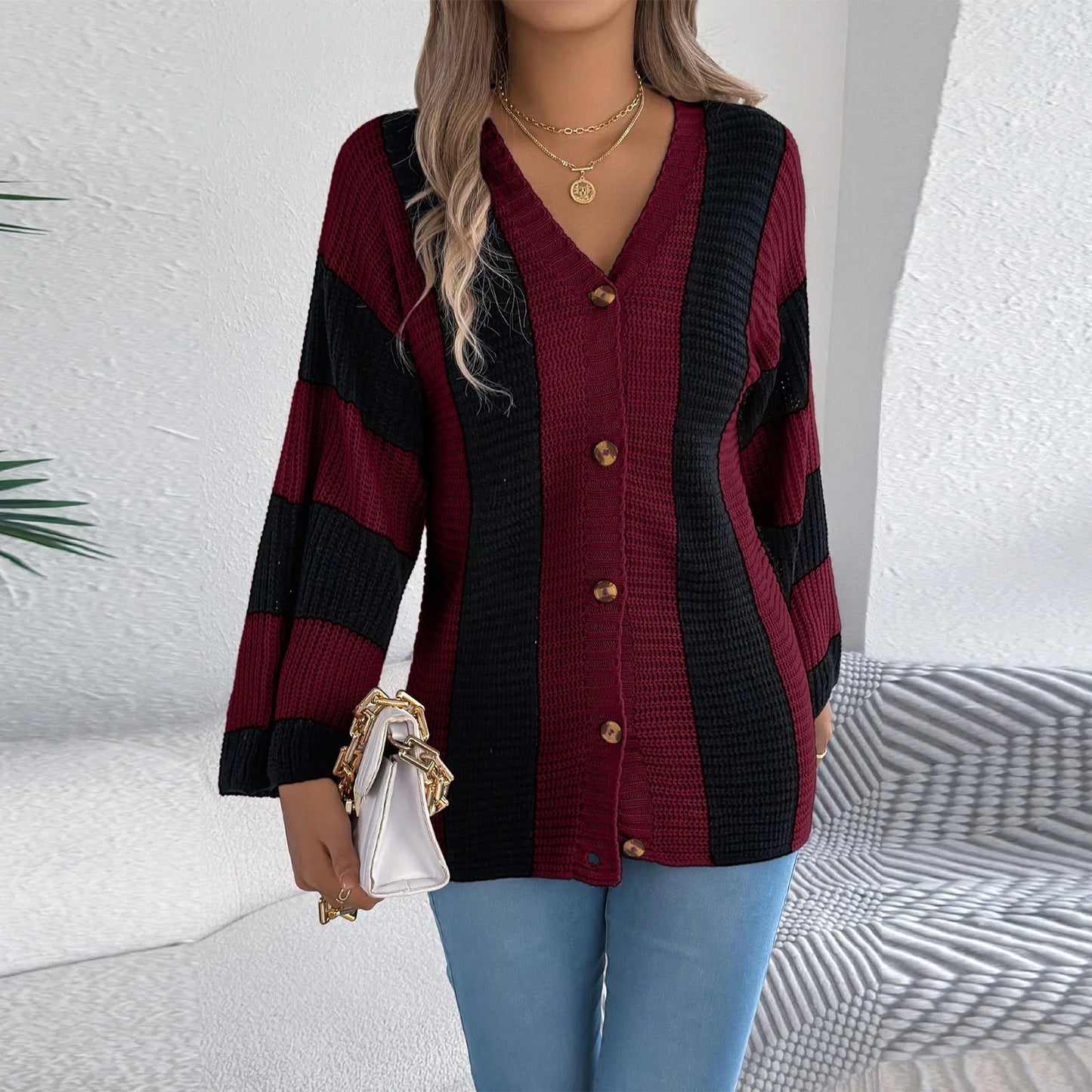 Women'S Contrast Striped Flared Sleeve Cardigan Long Sleeve Sweater Winter Clothes Woman Cardigan Mujer Pulls Femmes New