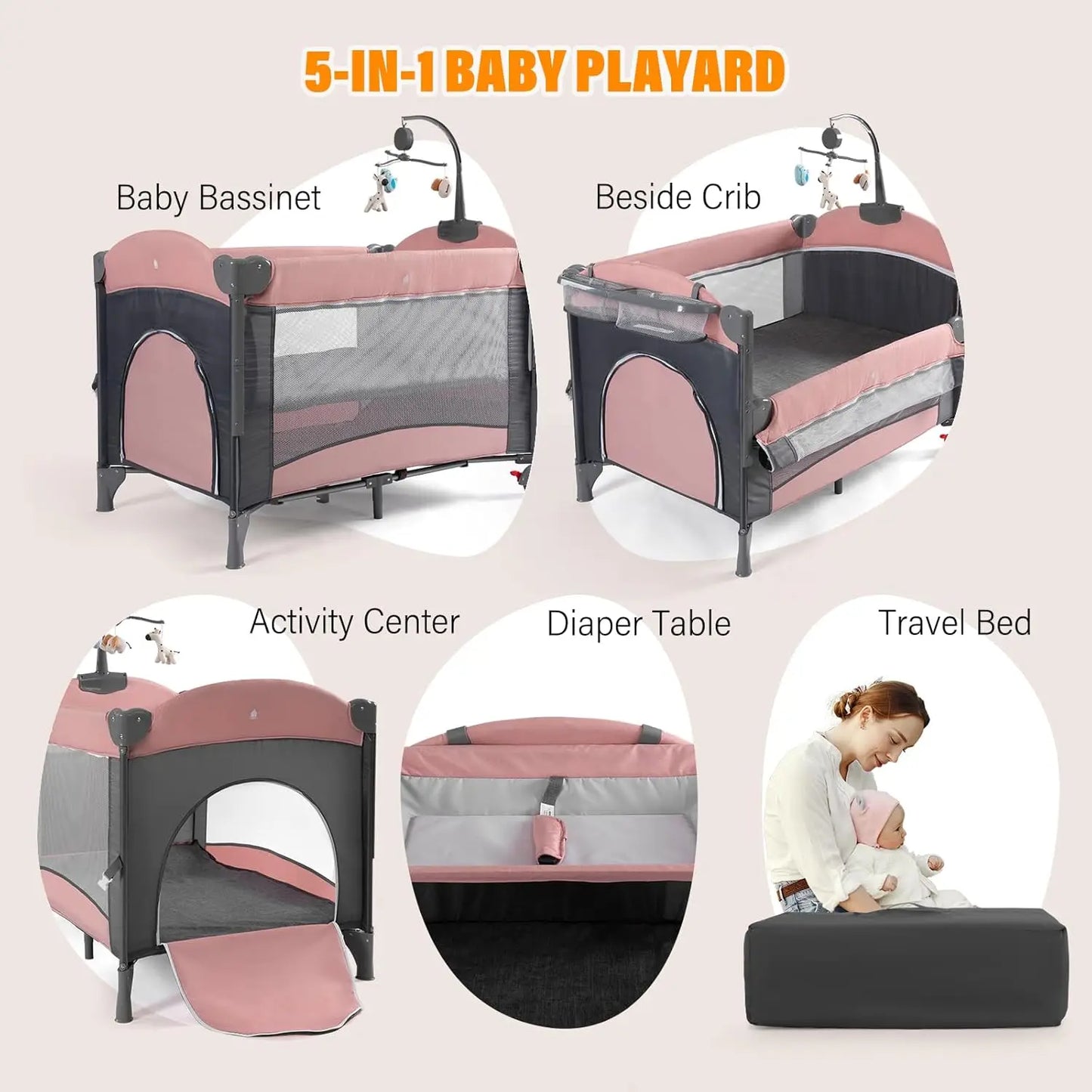 5 in 1 Baby Crib,Baby Bassinet, Bedside Cribs, Pack and Play with Changing Table, Portable Travel bedToys & Music Box
