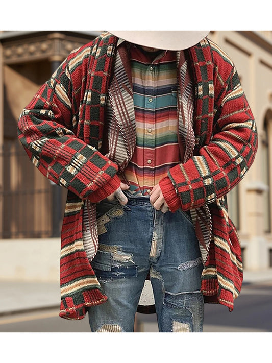 Women s Cozy Oversized Knit Cardigan Sweater with Pockets Long Sleeve Open Front Plaid Print Warm Winter Knitwear