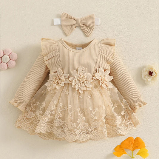 Toddler Girls Floral Lace Romper Dress with Ruffled Sleeves and Bow Headband Set for Special Occasions and Photoshoots