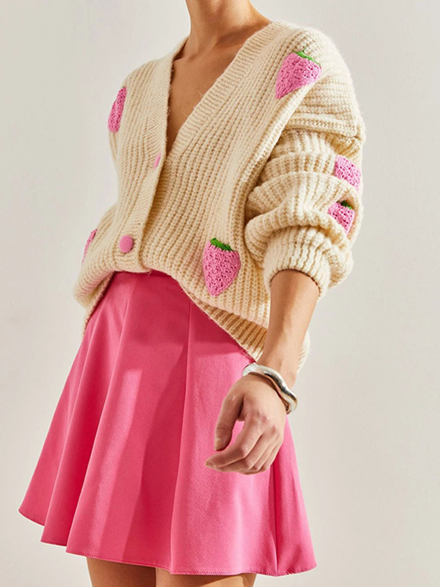 Women s Oversized Cable Knit Cardigan with V-Neckline and Ribbed Hemline Cozy Button-up Sweater in Soft Pink