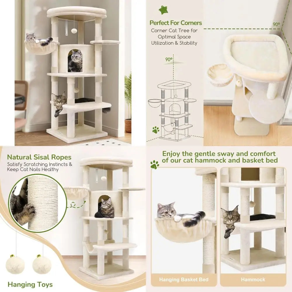 Modern 51-inch Curved Corner Cat Tree with Hammock, 7 Sisal Scratching Posts, and Large Fan for Indoor Cats