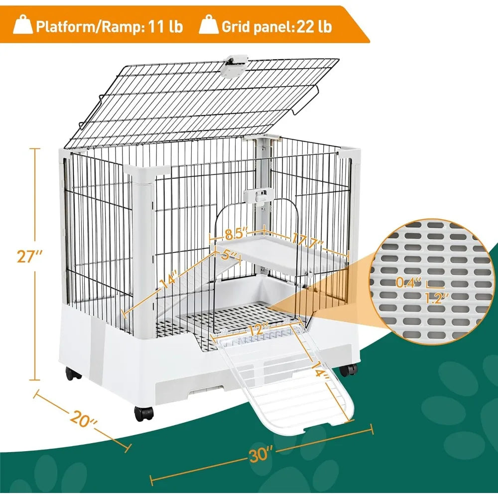 30'' Small Animal Cage 2-Level Open Top Rabbit Cage on Wheels with Pull-Out Tray for Guinea Pig, Ferret, Chinchilla, Kitten, Bu