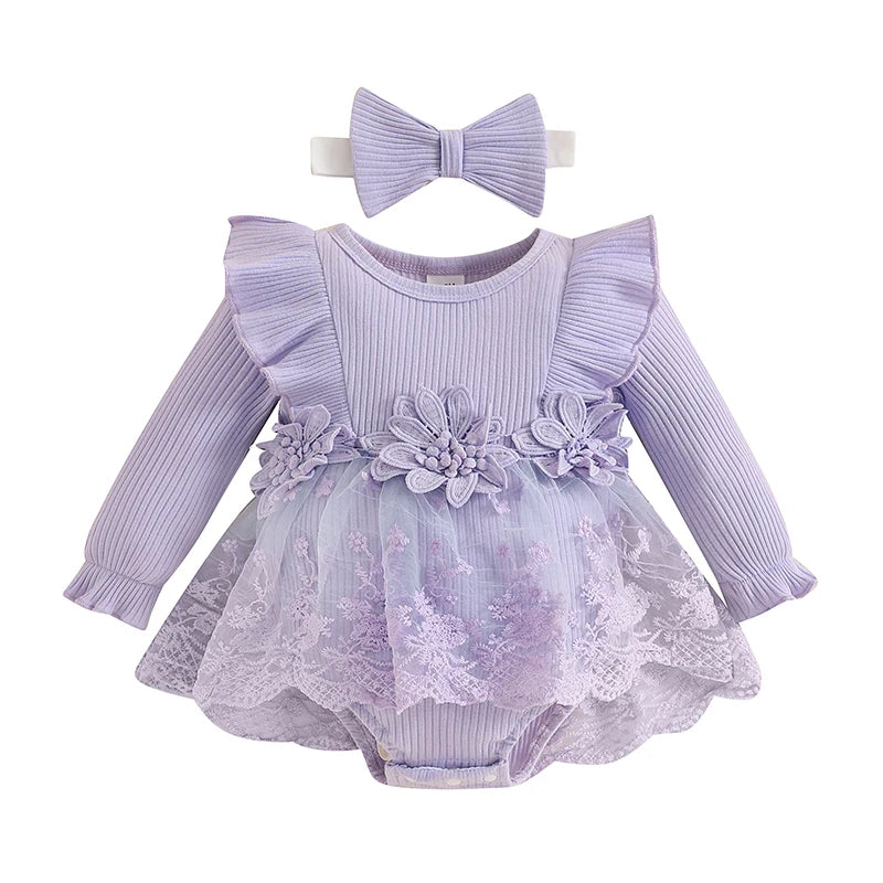 Toddler Girls Floral Lace Romper Dress with Ruffled Sleeves and Bow Headband Set for Special Occasions and Photoshoots