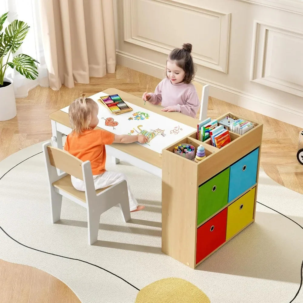 Kids Table and Chair Set, Toddler Art Craft Play Wood Activity Desk with 2 Chairs 4 Storage Canvas Bins Paper Roll