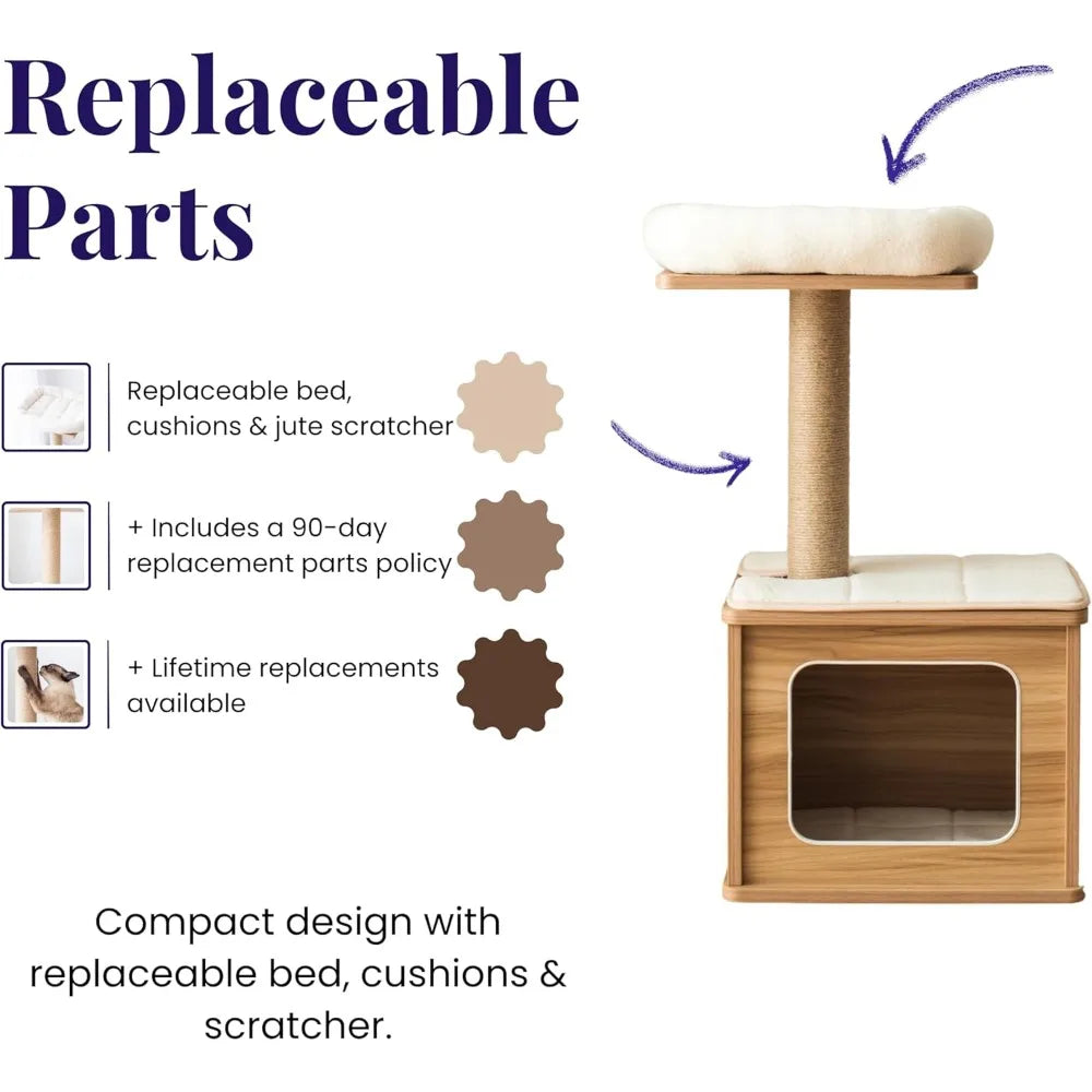 29.7" Tall 3 Level Laminated Wood Cat Tree with Large Base Condo, 2 Paded Steps, Natural Jute Scratching Post, Sturdy