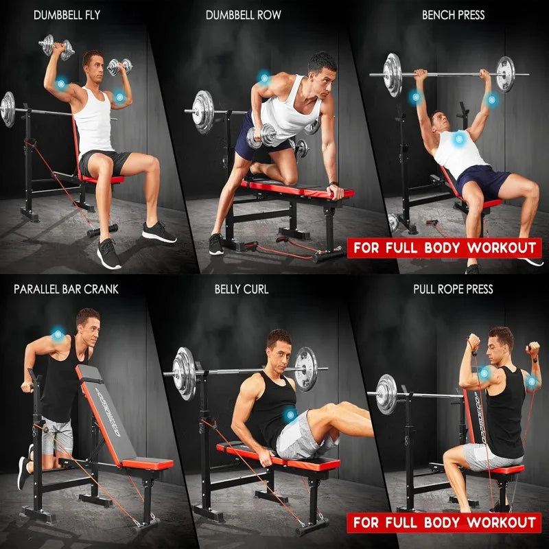 OPPSDECOR 6 in 1 660lbs Weight Bench with Leg Extension and Leg Curl, Foldable Bench Press Set and Squat Barbell Rack