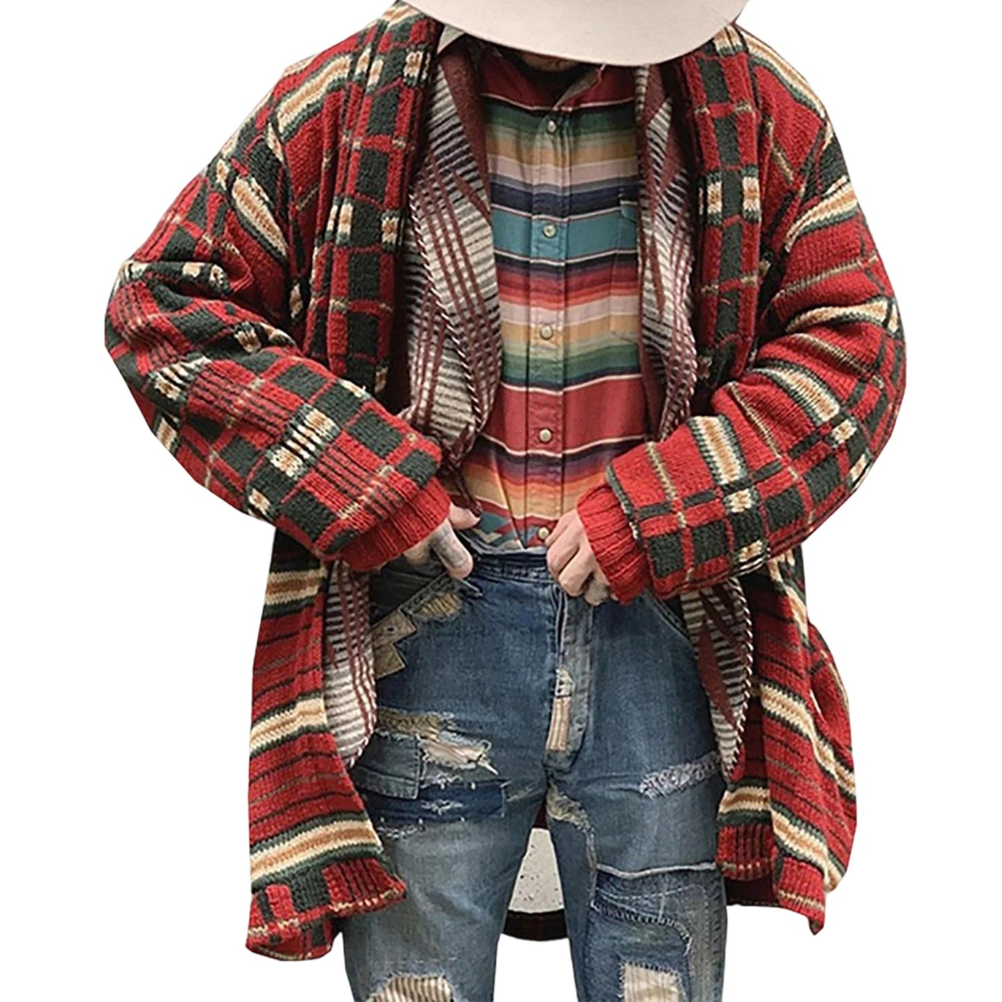 Women s Cozy Oversized Knit Cardigan Sweater with Pockets Long Sleeve Open Front Plaid Print Warm Winter Knitwear