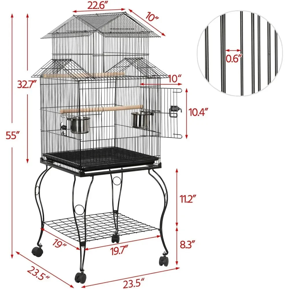 Cage 55-inch Rolling Standing Triple Roof Medium Parrot Cage Pet Bird Cage with Detachable Stand for Cockatiels