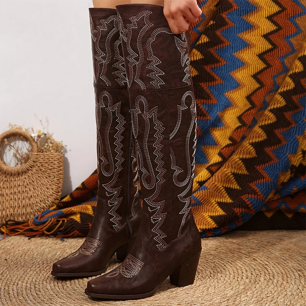 Vintage Western Cowboy Boots For Womens Fashion Embroidered Pointed Toe Chunky High Heels Party Date Thigh High Cowgirl Boots