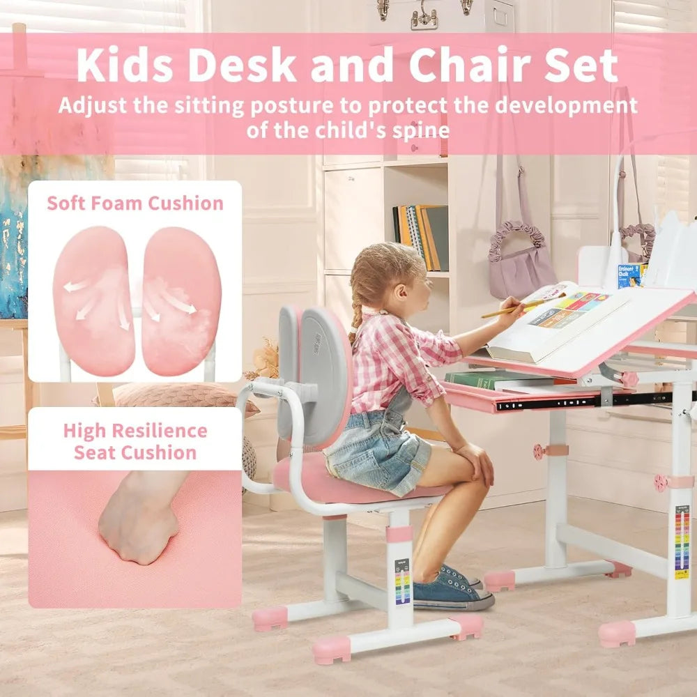 Kids Desk and Chair Set, Height-Adjustable Desk for Kids, Kid Desk with Led Lamps, Childrens Desk with 60° Tilting Tabletop, Up