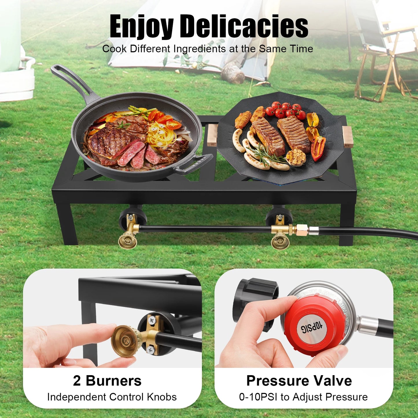 Portable Double Burner Outdoor Gas Stove Propane Cooker with Adjustable 0-10Psi Regulator Hose for Patio Camping,  Home Brewing