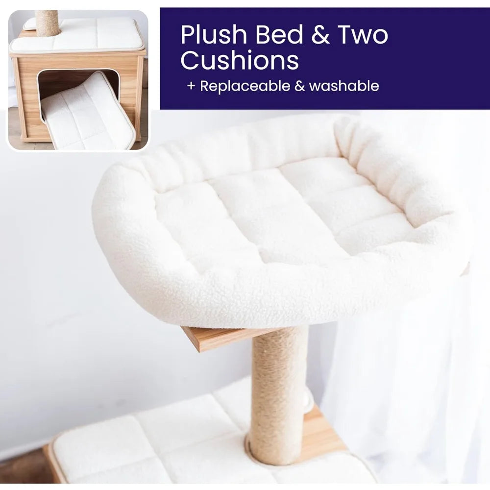 29.7" Tall 3 Level Laminated Wood Cat Tree with Large Base Condo, 2 Paded Steps, Natural Jute Scratching Post, Sturdy