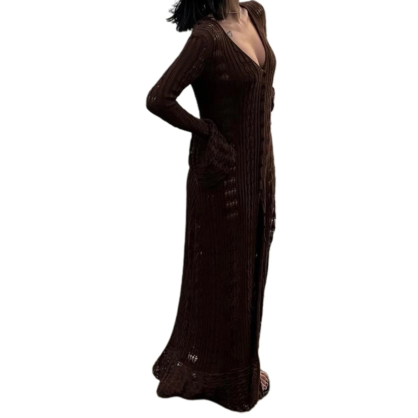 Ladies Long Sleeve Knit Cardigan with Button Closure and Hollowed Design Solid Color Fall Jacket for Everyday Wear on the