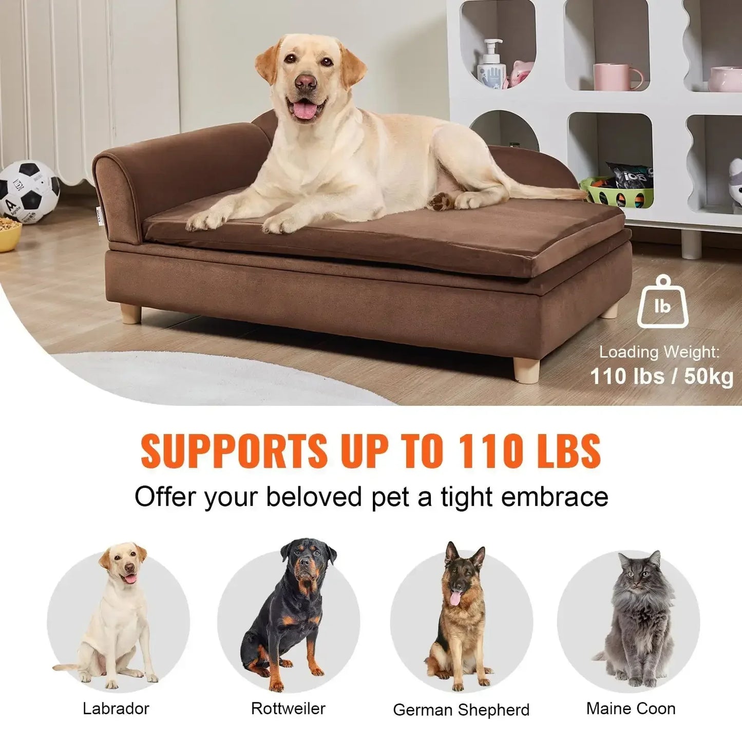 Pet Sofa, Dog Couch for Large-Sized Dogs and Cats, Soft Velvety Dog Sofa Bed, 110 lbs Loading Cat Sofa, Dark Brown