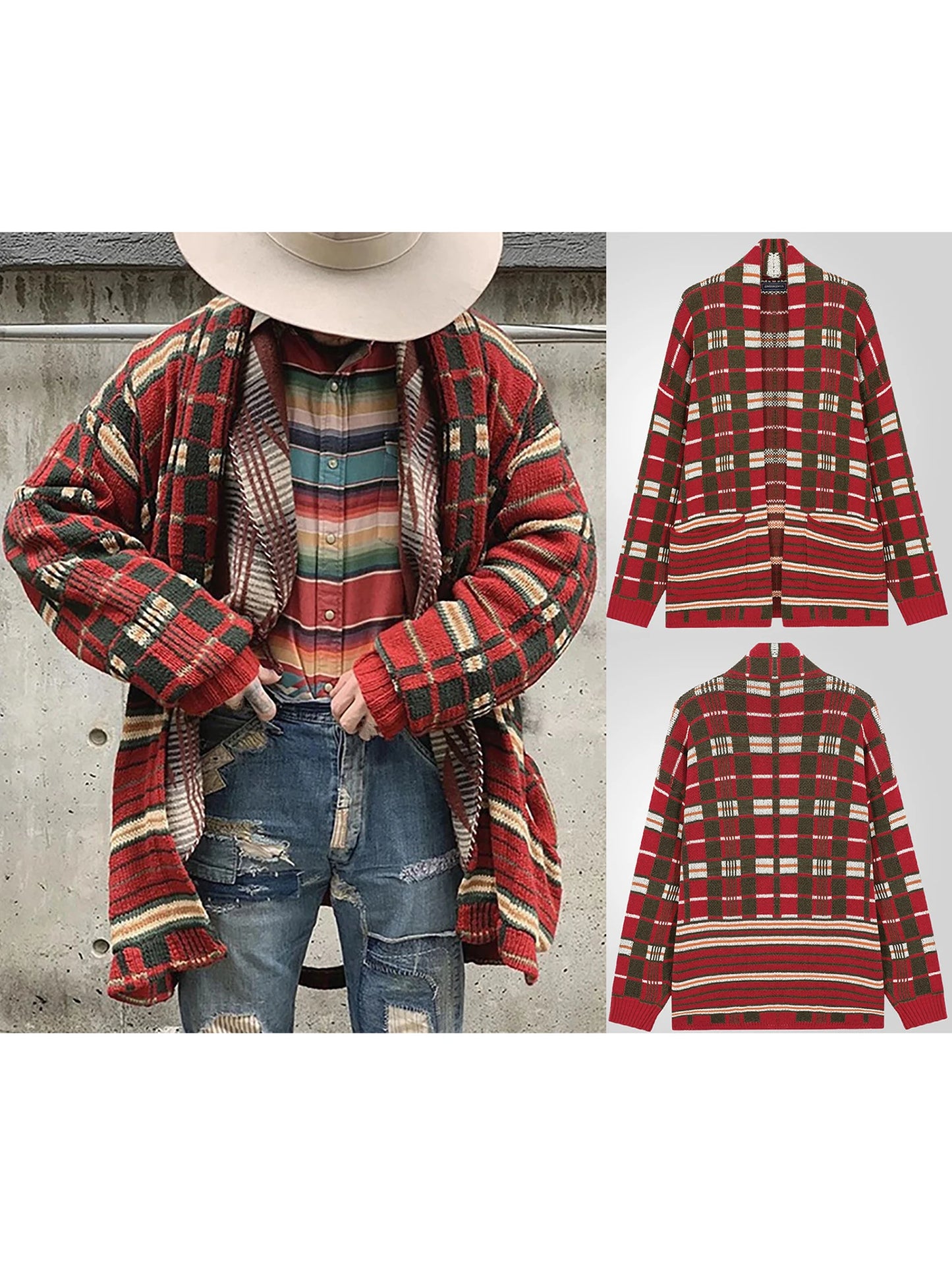 Women s Cozy Oversized Knit Cardigan Sweater with Pockets Long Sleeve Open Front Plaid Print Warm Winter Knitwear
