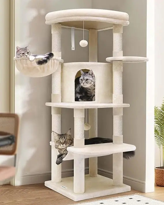 Modern 51-inch Curved Corner Cat Tree with Hammock, 7 Sisal Scratching Posts, and Large Fan for Indoor Cats