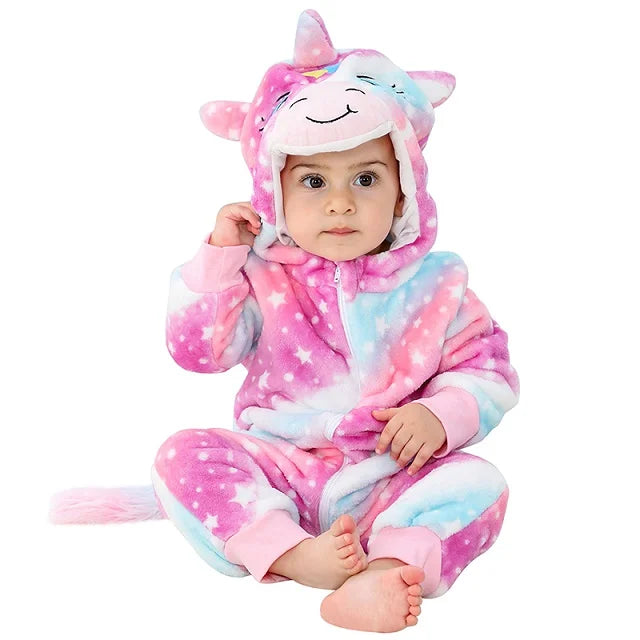 MICHLEY Halloween Baby Rompers Winter Clothes Costume Cow Flannel Hooded Bodysuits Pajamas Animals Overall Jumpsuit For Kids