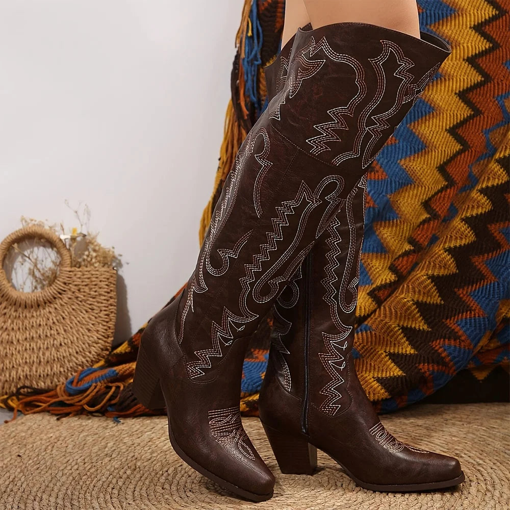 Vintage Western Cowboy Boots For Womens Fashion Embroidered Pointed Toe Chunky High Heels Party Date Thigh High Cowgirl Boots
