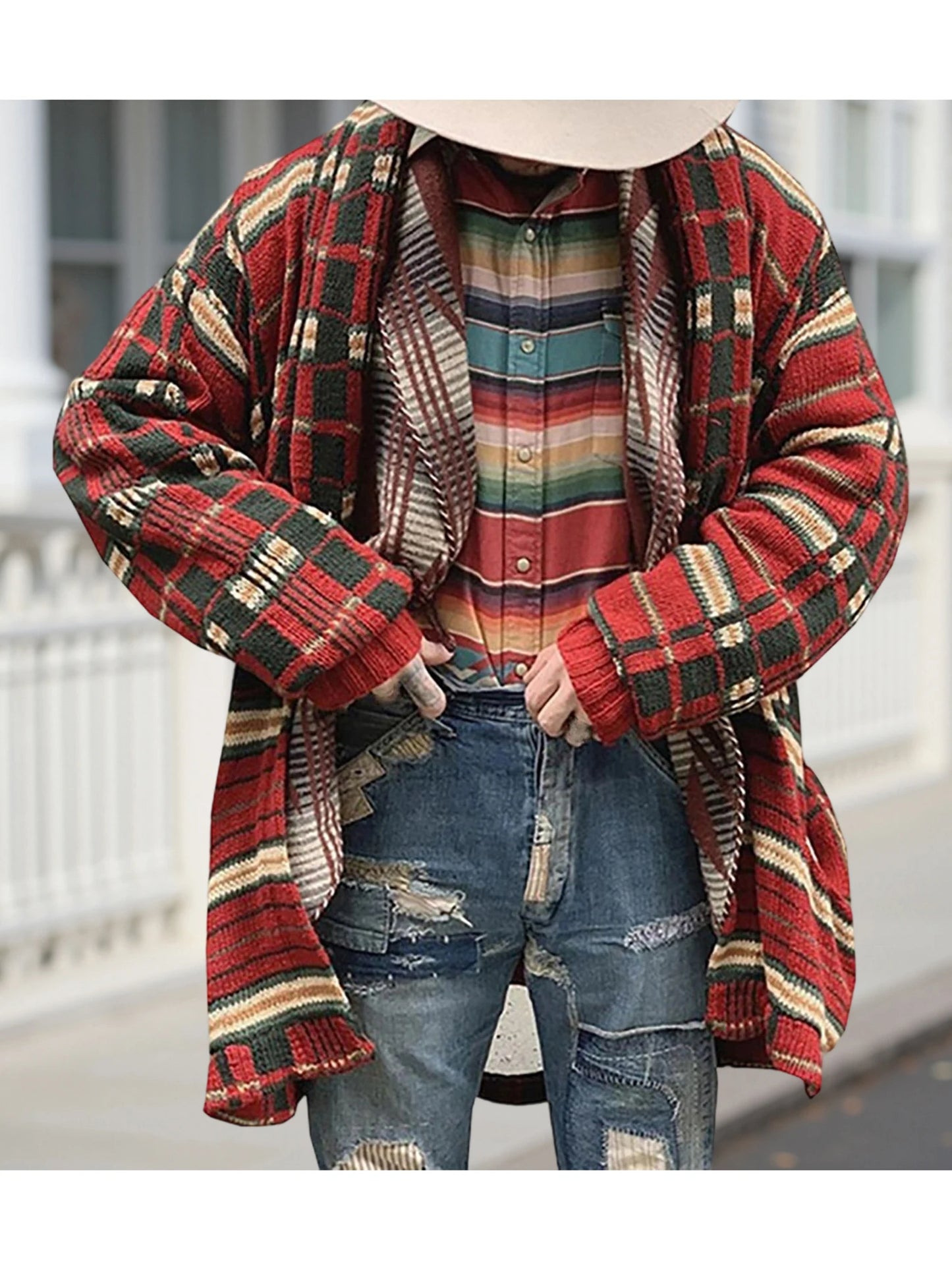 Women s Cozy Oversized Knit Cardigan Sweater with Pockets Long Sleeve Open Front Plaid Print Warm Winter Knitwear