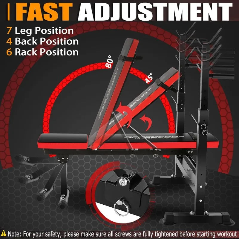OPPSDECOR 6 in 1 660lbs Weight Bench with Leg Extension and Leg Curl, Foldable Bench Press Set and Squat Barbell Rack