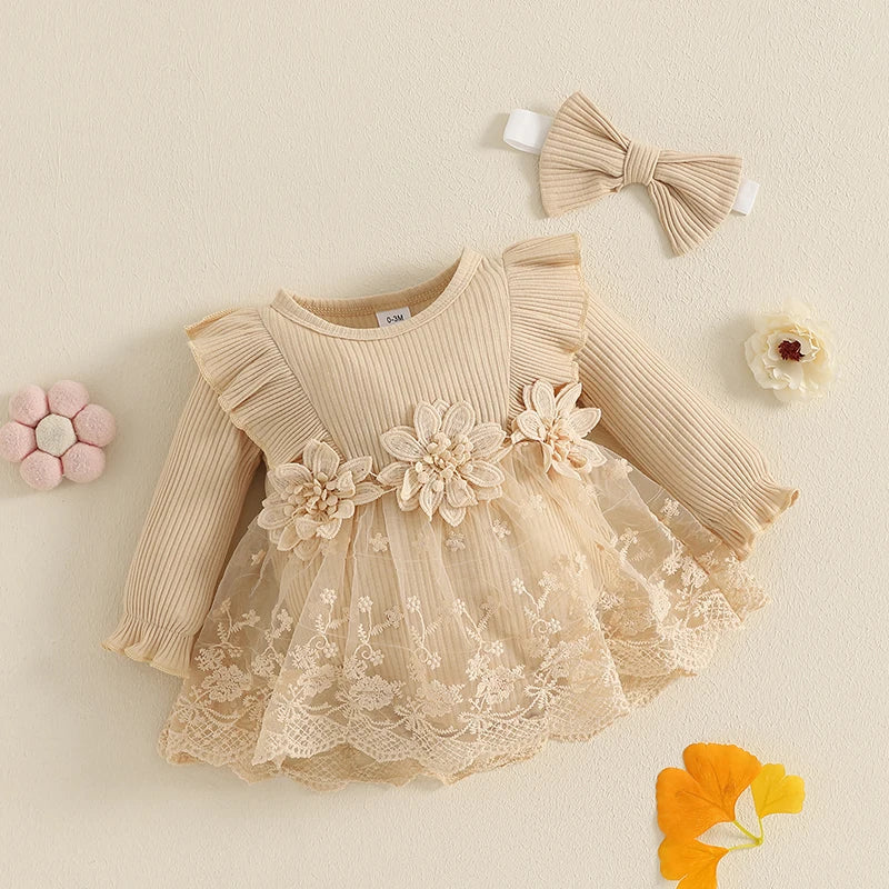 Toddler Girls Floral Lace Romper Dress with Ruffled Sleeves and Bow Headband Set for Special Occasions and Photoshoots