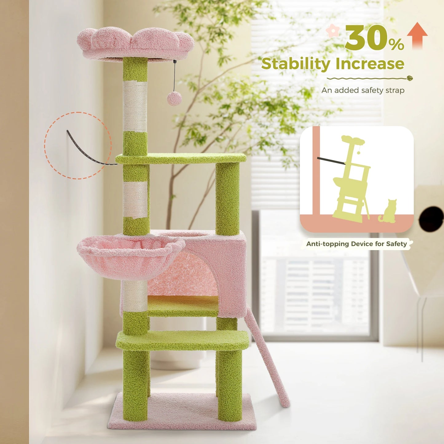 120cm Multi-Level Flower Cat Tree Tower with Sisal Scratch Posts Ramp Top Perch and Fluffy Ball for Small to Medium Indoor Cats