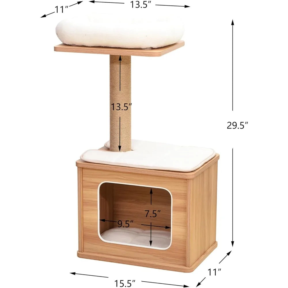 29.7" Tall 3 Level Laminated Wood Cat Tree with Large Base Condo, 2 Paded Steps, Natural Jute Scratching Post, Sturdy
