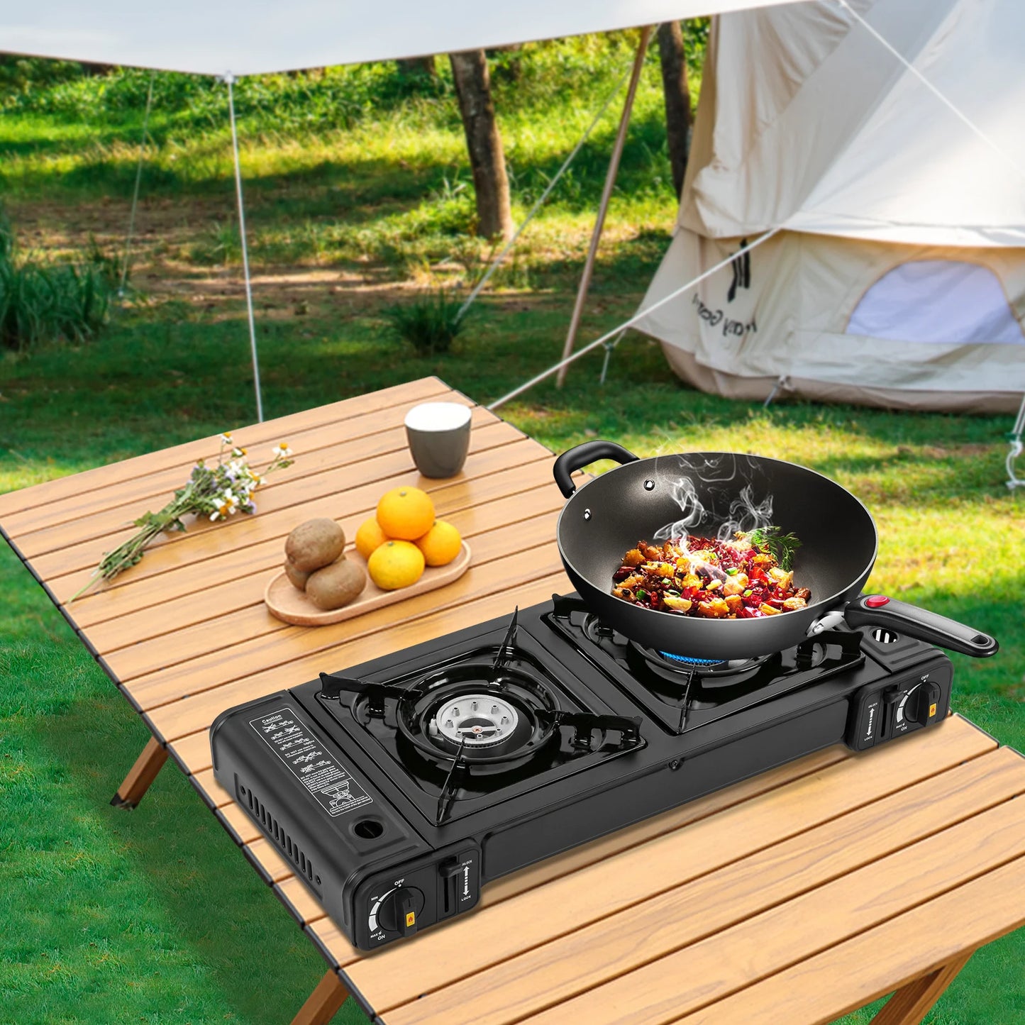 Portable double-head barbecue and boiling gas stove, outdoor portable camping gas stove, suitable for butane, adjustable flame