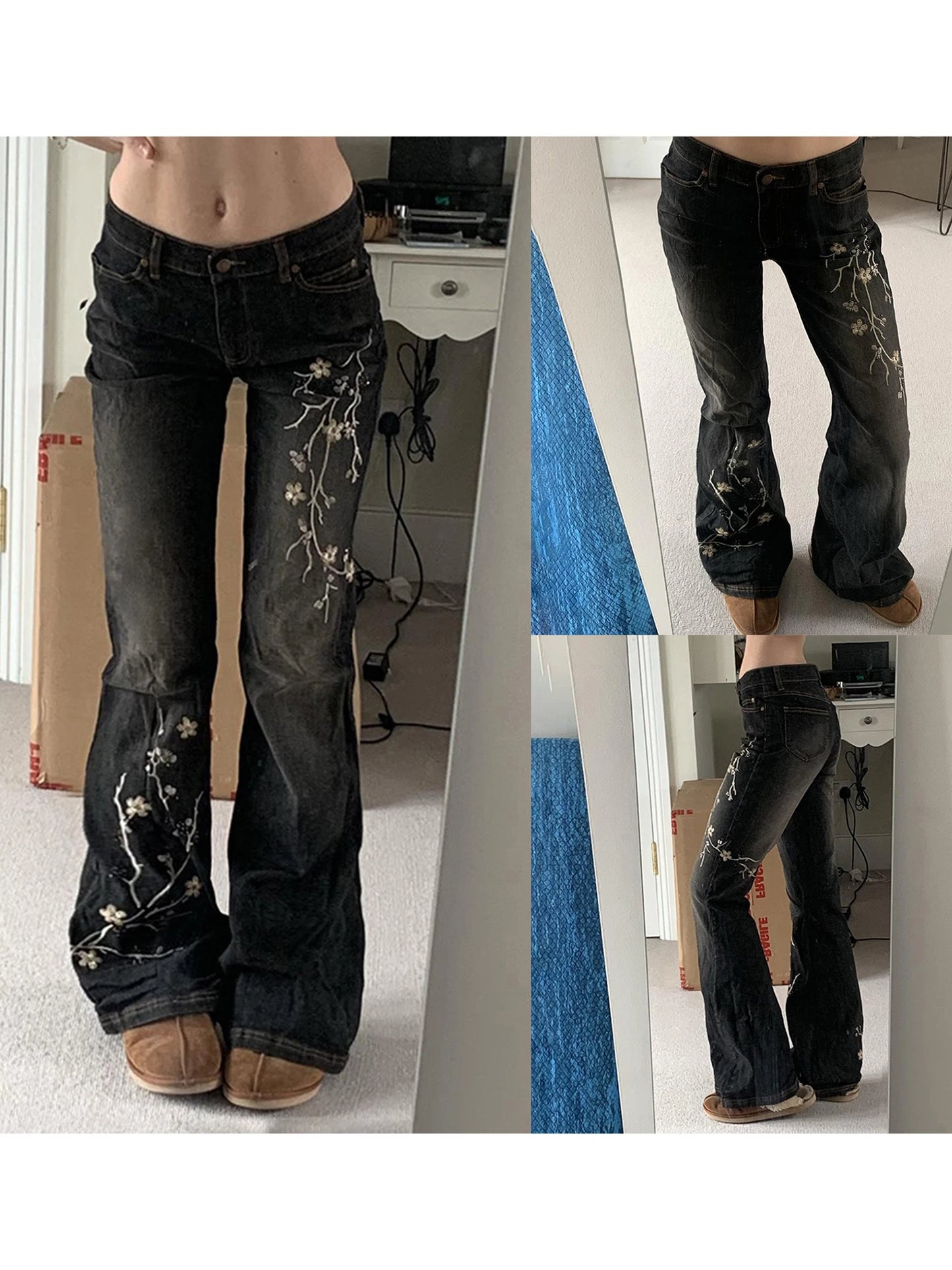 Women s Vintage High Waist Flare Jeans with Floral Embroidery Detailing Stylish Denim Pants for Spring and Fall  Fit