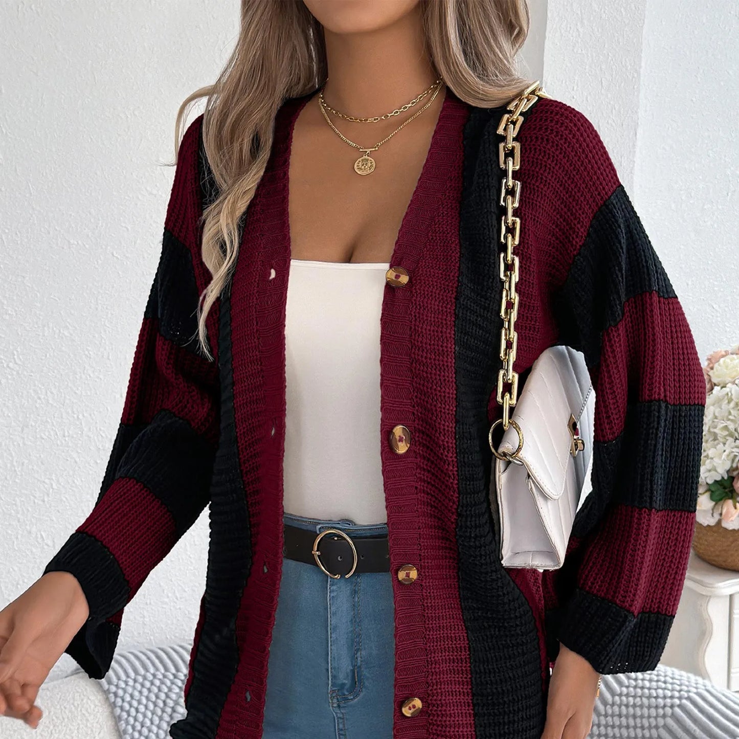 Women'S Contrast Striped Flared Sleeve Cardigan Long Sleeve Sweater Winter Clothes Woman Cardigan Mujer Pulls Femmes New
