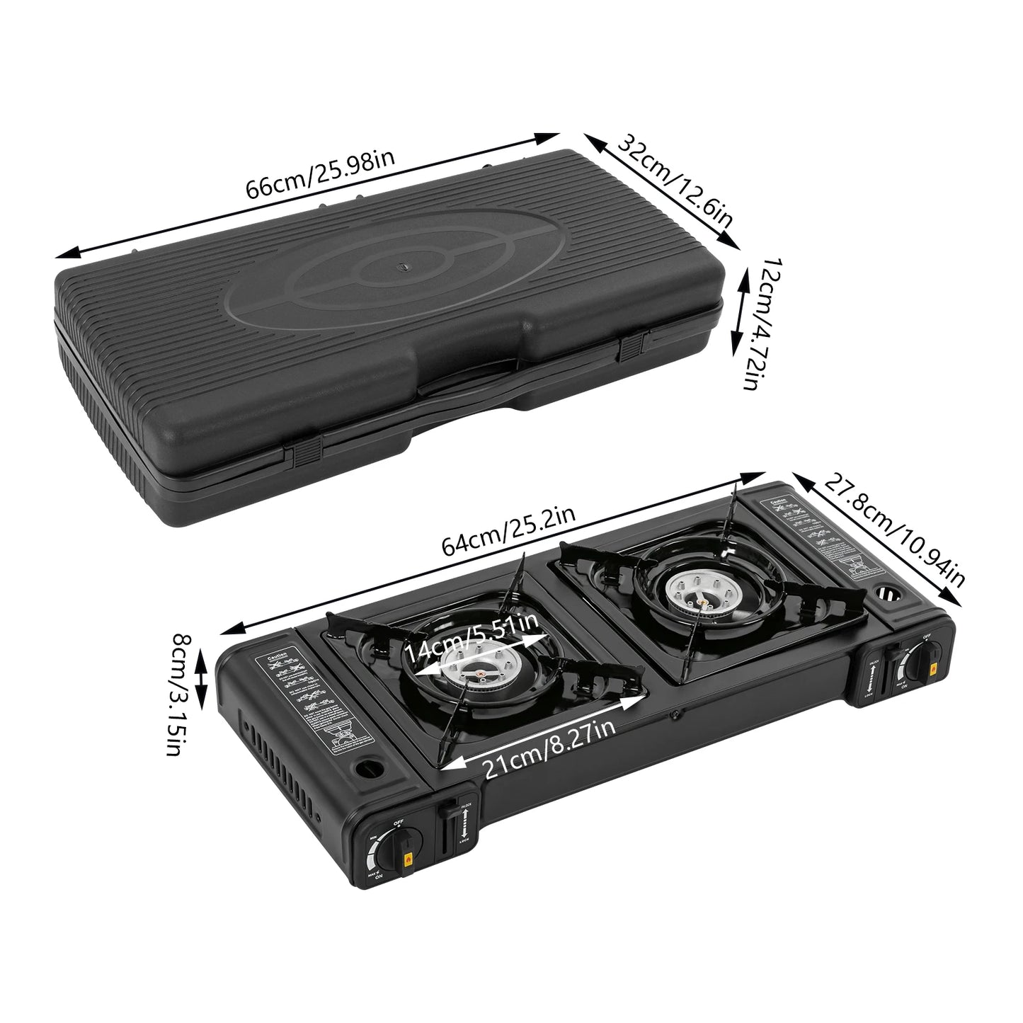 Portable double-head barbecue and boiling gas stove, outdoor portable camping gas stove, suitable for butane, adjustable flame