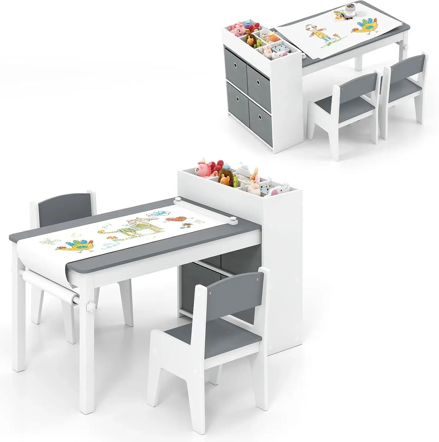 Kids Table and Chair Set, Toddler Art Craft Play Wood Activity Desk with 2 Chairs 4 Storage Canvas Bins Paper Roll