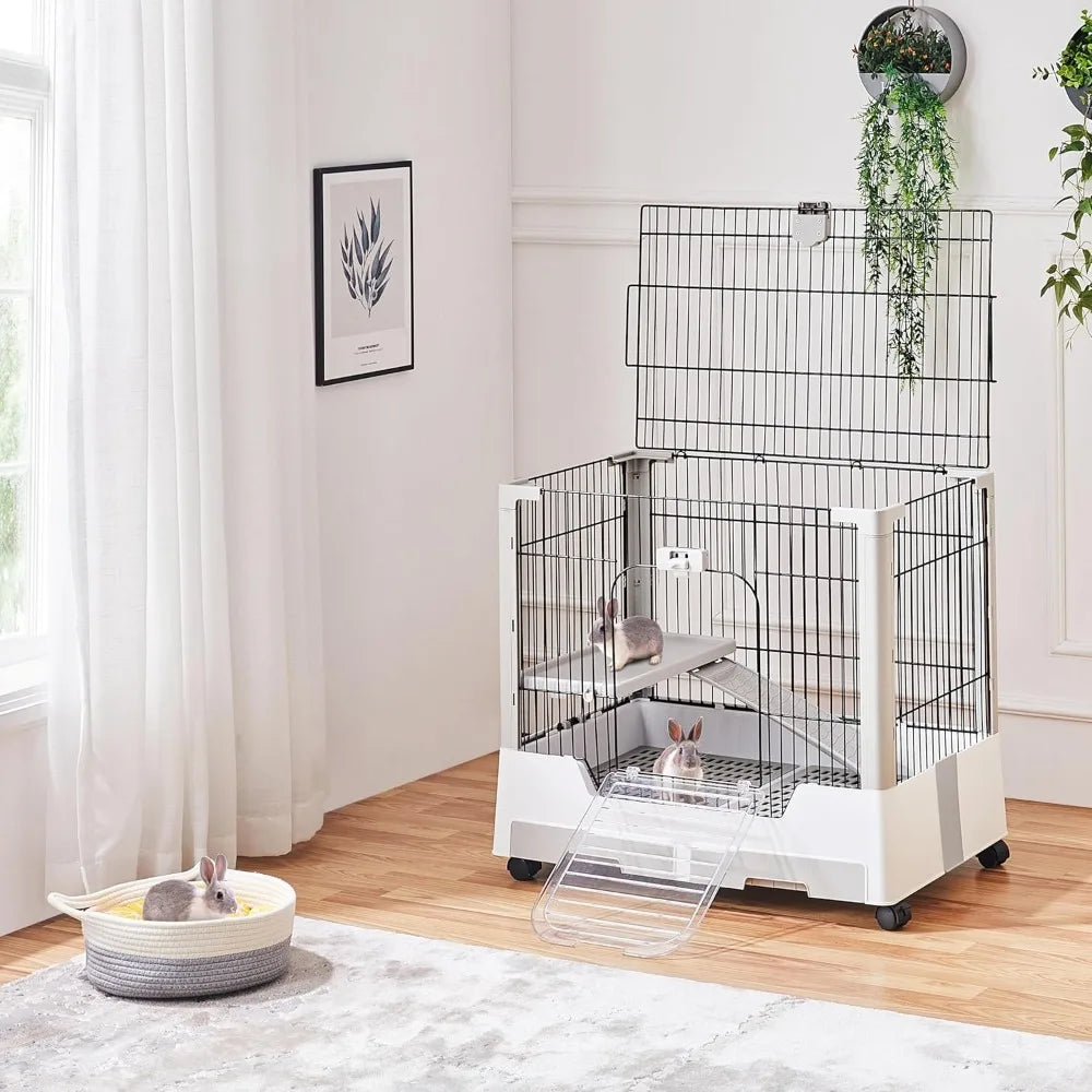 30'' Small Animal Cage 2-Level Open Top Rabbit Cage on Wheels with Pull-Out Tray for Guinea Pig, Ferret, Chinchilla, Kitten, Bu